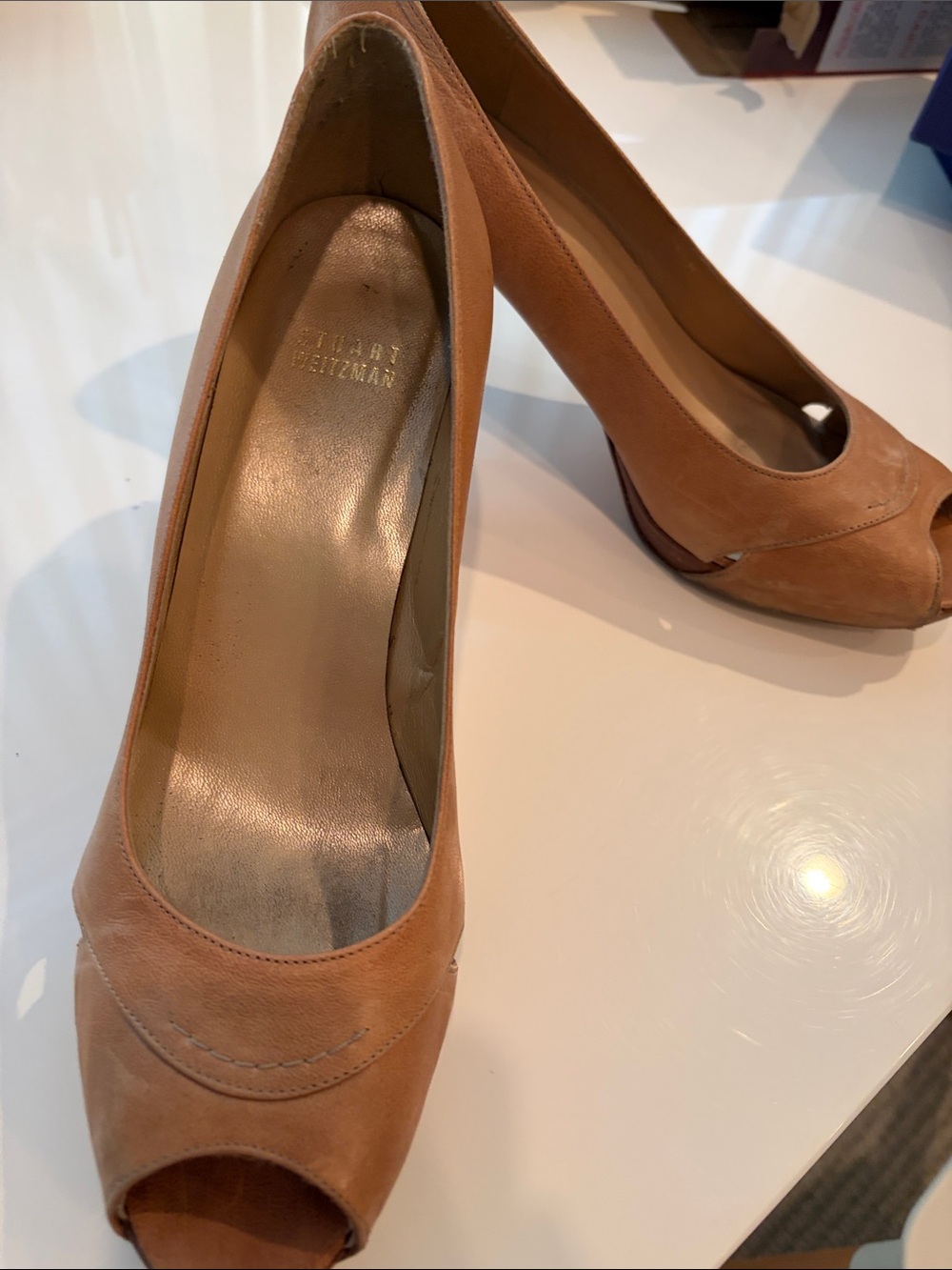 Stuart Weitzman Tan Peep-Toe Leather Pumps